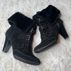 Sofft Black Suede Fur Cuff Buckle Ankle Booties